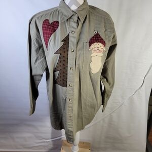 PTNY Applique Christmas Long Sleeve Button front Blouse Size Medium